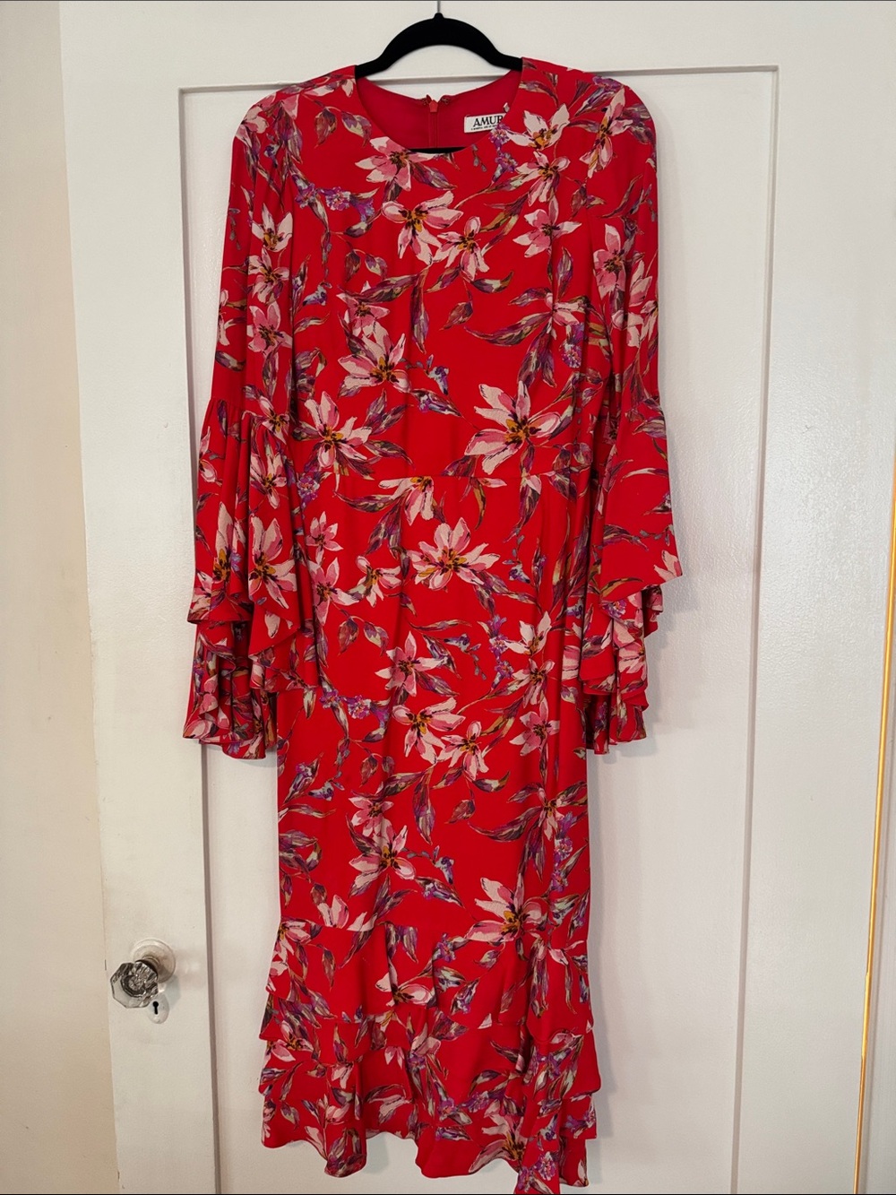 AMUR Red Floral Tiered-Sleeve Midi Dress